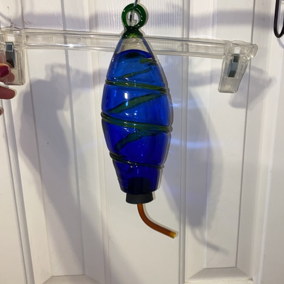 Vintage Blown Glass Art Glass Hummingbird Feeder cobalt blue green swirl pattern - Picture 3 of 7